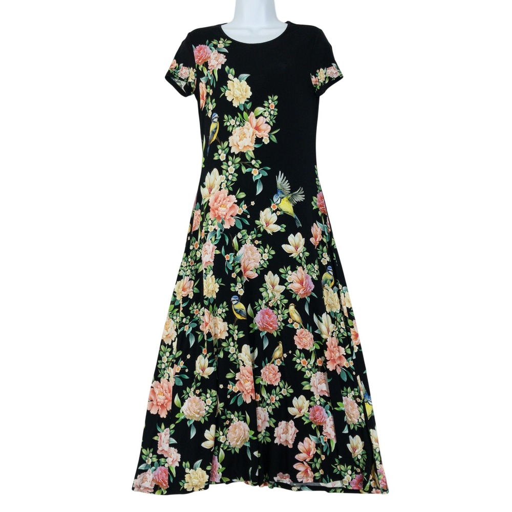 Johnny Was Janie Maxi Dress Womens XS Black Floral Birdie Birds Boho Romantic